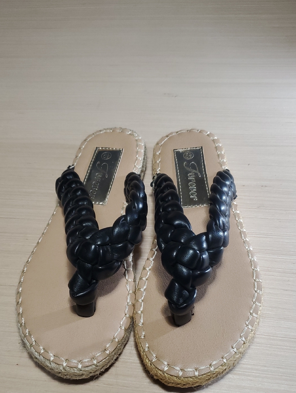 Forever Link Black Braided Thong Sandals with Tan Footbed